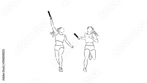 A minimalist line art illustration of two women passing a baton in a relay race