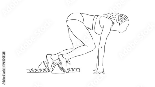 A female athlete preparing to sprint from the starting line in a minimalist illustration