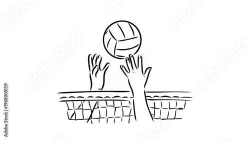 A minimalist line art illustration of hands blocking a volleyball at the net