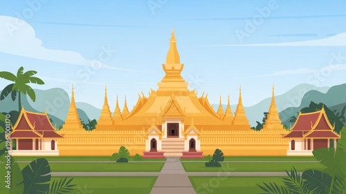 Golden buddhist temple with spires and stupas in a serene natural setting with mountains and palm trees