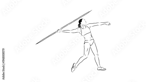 A female athlete in motion throwing a javelin in a minimalist line art style