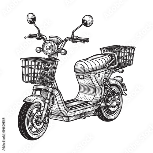 Vintage Engraving Style Motor Scooter with Basket, Retro Urban City Bike Vector Illustration
