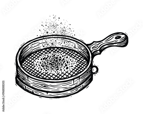 Hand drawn wooden flour sifter; scattered particles; kitchen utensil; black sketch illustration; isolated object