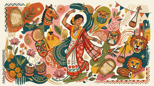 Traditional Bengali woman dancing during Poila Baisakh celebration in a vibrant folk art illustration
