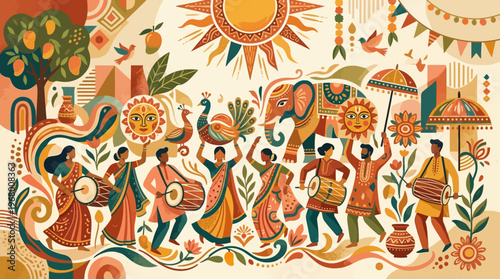 Bengali New Year people dancing in a festive folk art procession with cultural motifs and warm tones.