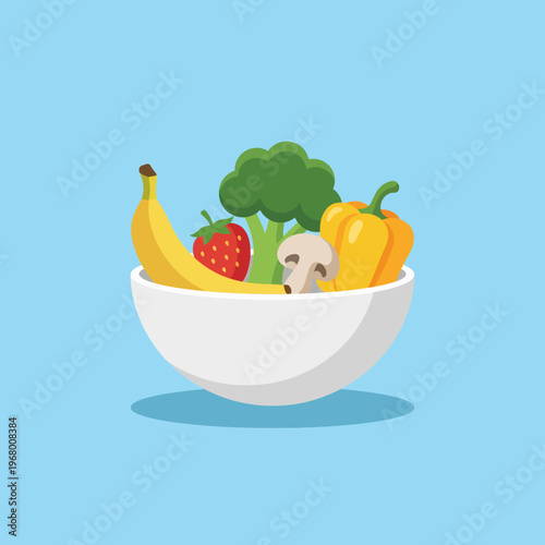 A delightful and colorful illustration featuring a bowl filled with fresh fruits and vegetables, promoting healthy eating habits and vibrant lifestyle choices for everyone.