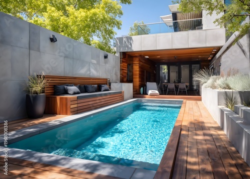 Modern backyard design featuring swimming pool and wooden decking