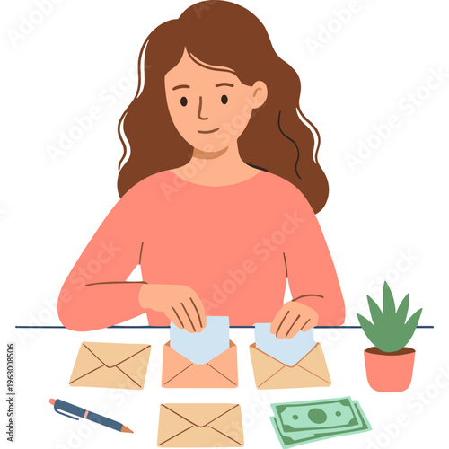 A woman sitting at a desk seals envelopes with money and a plant nearby.
