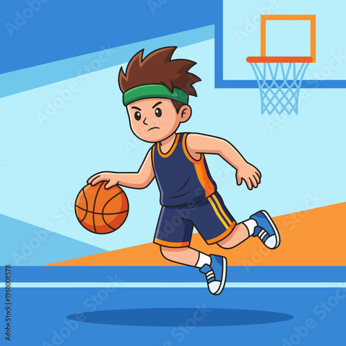 An energetic illustration of a young boy dribbling a basketball on a court, capturing the enthusiasm and passion for the game in a vibrant, engaging style.
