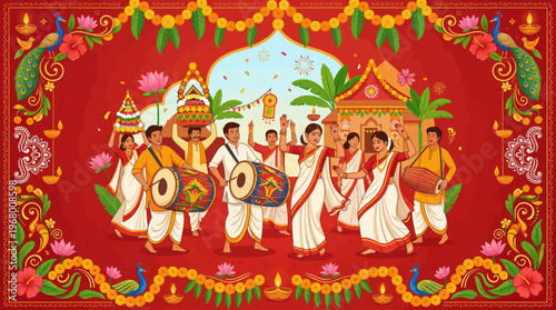 Bengali people dancing and playing dhol drums for Poila Baisakh in a vibrant festive illustration