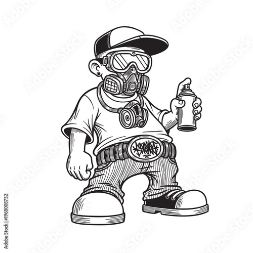 Urban Hip Hop Character in Gas Mask and Cap Holding Spray Can Vintage Engraving Style Vector Art