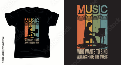 Retro music t-shirt design with pianist silhouette and colorful vintage sunset background.