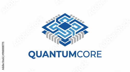 This image showcases a modern logo design for QuantumCore, symbolizing advanced technology and quantum computing with interconnected shapes and a sleek color palette.