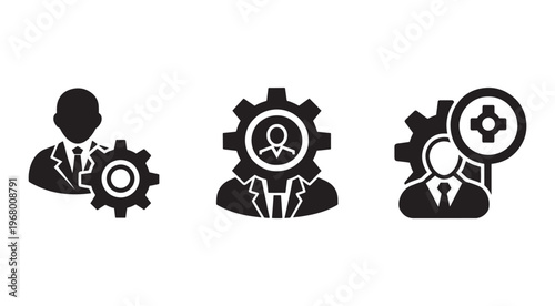 Business people with gear icons  teamwork and mechanical collaboration concepts    businessmen with cogwheels  partnership and industrial strategy symbols