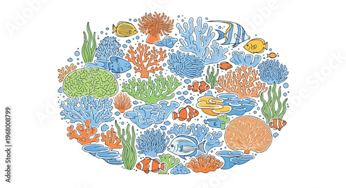 Hand drawn coral reef vector illustration, colorful underwater sea life collection, tropical ocean fish and marine plants set on white background