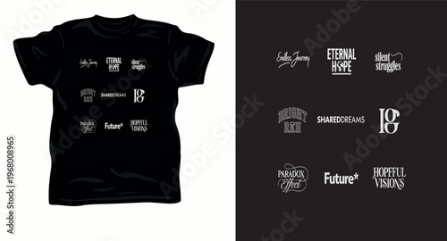Collection of inspirational quotes and logos on black background for t-shirt design.