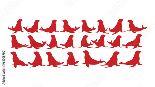 A repeating pattern of red sea lion silhouettes depicts movement across a white background creating a dynamic visual silhouette high quality