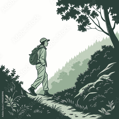 A stylized depiction showcases a lone hiker walking along a winding path through a lush mountainous landscape high quality professional