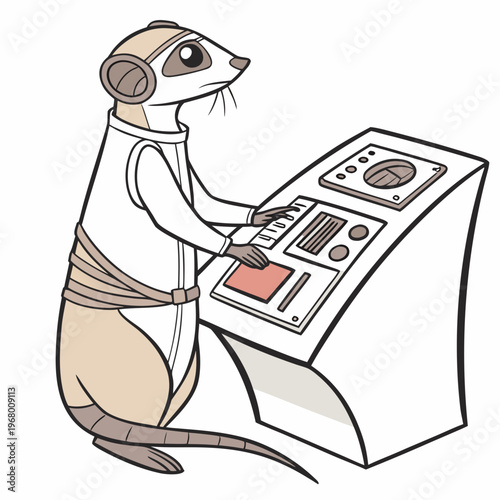 An illustrated rodent resembling a mouse or rat operates a futuristic control panel with focused determination high quality professional detailed