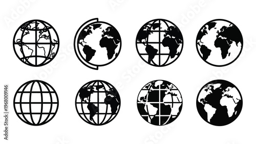 A collection of eight circular world globes depicted in a minimalist black and white style silhouette high quality professional detailed modern