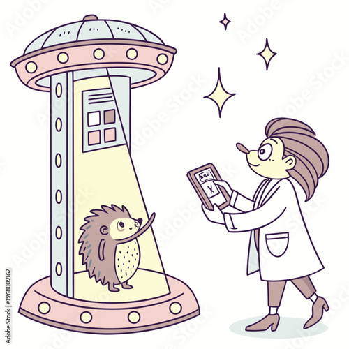 A scientist observes a hedgehog inside a glowing futuristic spaceship documenting her findings with a digital tablet high quality professional