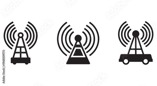 Cellular towers with radio waves emitting signals for communication and connectivity on white background