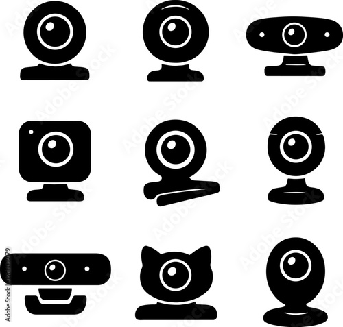 black and white set of security camera icons