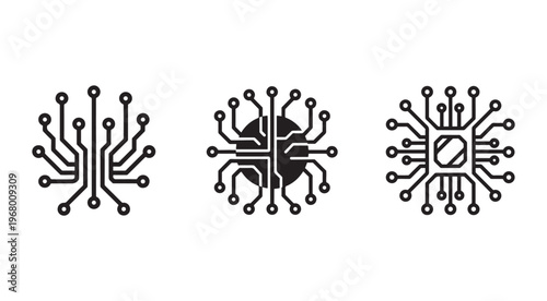 Circuit board designs with various patterns and shapes for electronic components and microchips used in technology and engineering applications