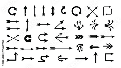 A collection of diverse black arrow and directional designs against a white background creating a striking silhouette high quality professional detailed