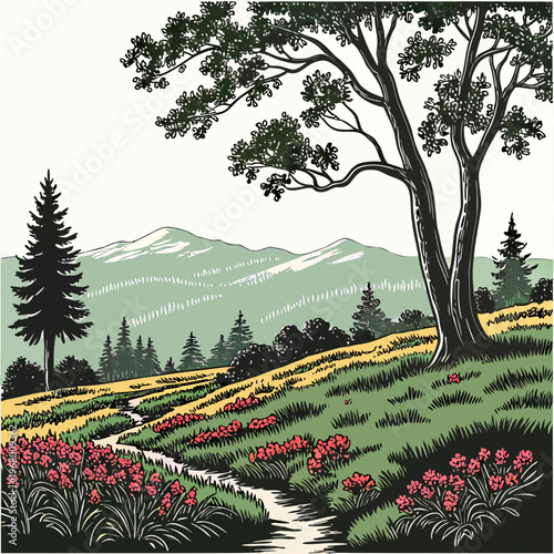 A vintage style illustration depicts a tranquil landscape with trees rolling hills a winding path and distant mountains high quality