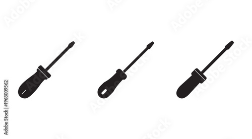 Collection of black screwdrivers on white background for repair and construction work  various tools