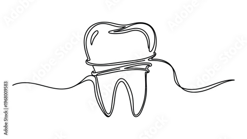 A single line drawing depicts a human molar tooth with a root showcasing minimalist design as a silhouette high quality professional