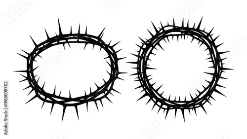 Two circular crowns of thorns are depicted in a stark black and white illustration exhibiting a dramatic silhouette high quality professional