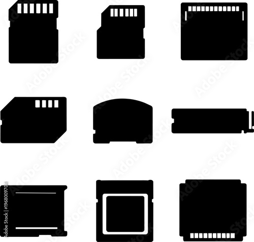 black silhouettes of various memory card types