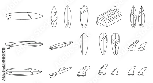 Minimalist surfboard line art collection, surfing equipment vector set with longboards and fins, black and white surf gear icons for summer branding