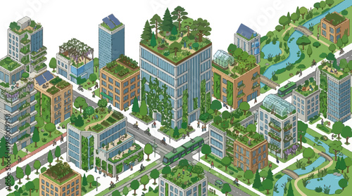 Isometric Sustainable Green City Landscape with Rooftop Gardens, Solar Panels, and Vertical Forests for Eco-Friendly Urban Living Concept