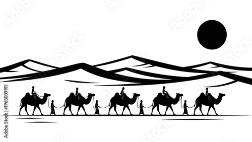 Silhouette of Camel Caravan Traveling Through the Desert Dunes.