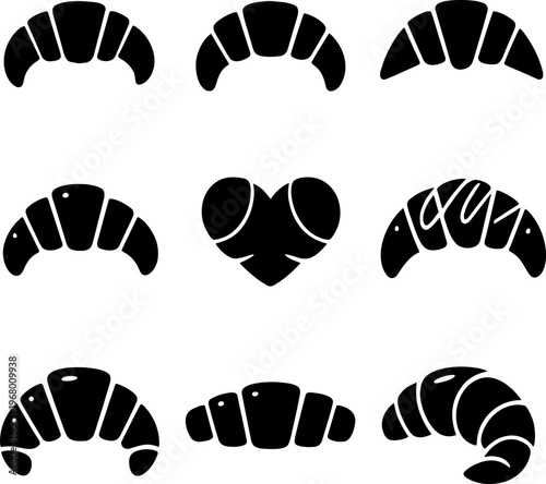 black silhouette croissant icons set on white background