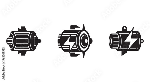 Electric motor and generator icons set with different designs and lightning bolt symbols  industrial and engineering concept