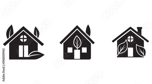 Eco friendly house icons with leaves and plants  green home symbols  sustainable living concepts