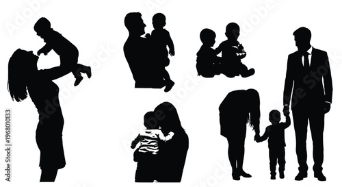 Collection of diverse vector silhouettes showcasing parents and their young children in various loving interactions.