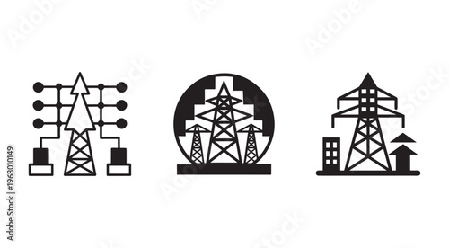 Electricity transmission towers and power lines in various silhouettes and designs used for energy distribution and communication networks globally