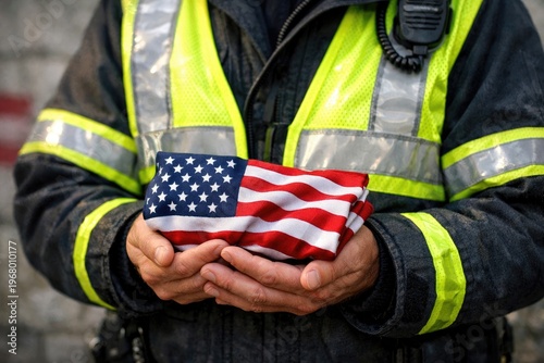 Patriotic first responder holding folded American flag, firefighter in high-visibility safety vest, memorial tribute for fallen heroes and veterans