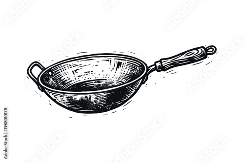 Metal frying pan drawing. Kitchen utensil for cooking. Restaurant equipment culinary tool collection.