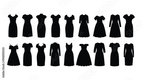 A collection of various black dress designs displayed in a row showcasing different styles and forms silhouette high quality professional detailed