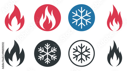 Hot and cold icons vector, fire flame and ice snowflake symbols for temperature regulation, modern flat vector illustration set for HVAC, weather apps, appliances, and digital UI projects.
