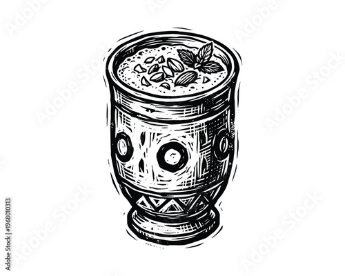 Milk beverage with nuts and mint. lassi drink in traditional glass. hand drawn black and white vector art