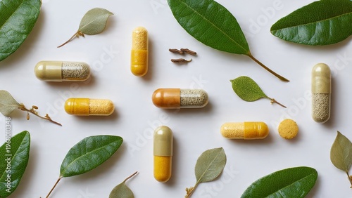 Natural herbal supplements and organic ingredients arranged in a clean flat lay composition. Featuring turmeric powder, ginger root, green leaves, and capsules on a white background, symbolizing alter