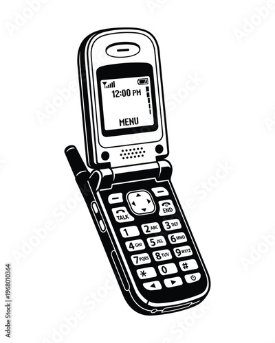 Mobile phone graphic with buttons, digital display panel, wireless technology design, isolated vector