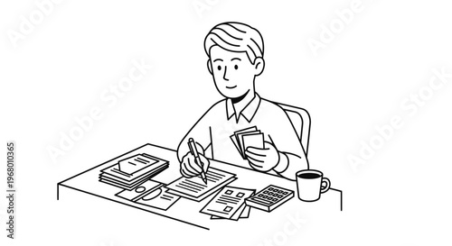 Man calculating monthly bills and expenses at desk, black and white line art illustration.